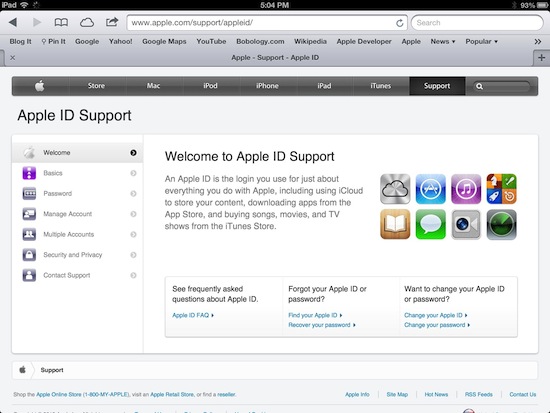 Apple ID Support Web Page
